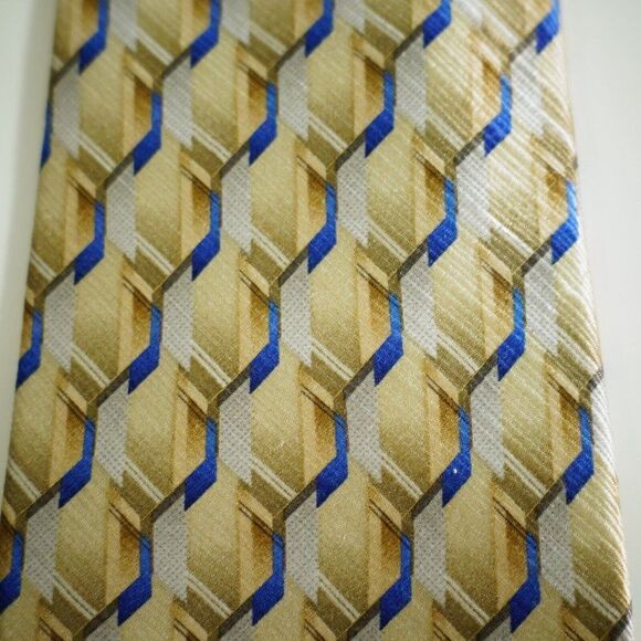 John Ashford Yellow Blue Geometric Abstract Jacquard Print Silk Tie - Picture 2 of 7